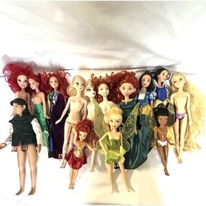 Disney Princess & Fairies Doll Lot 17 Ariel Merida Elsa Tinker Bell Rapunzel